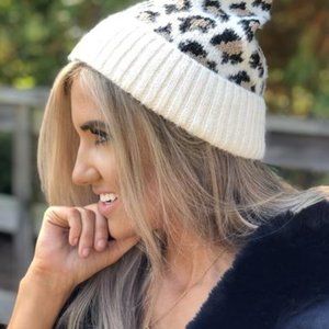Leopard Print Beanie Hat Solid Trim - Off White